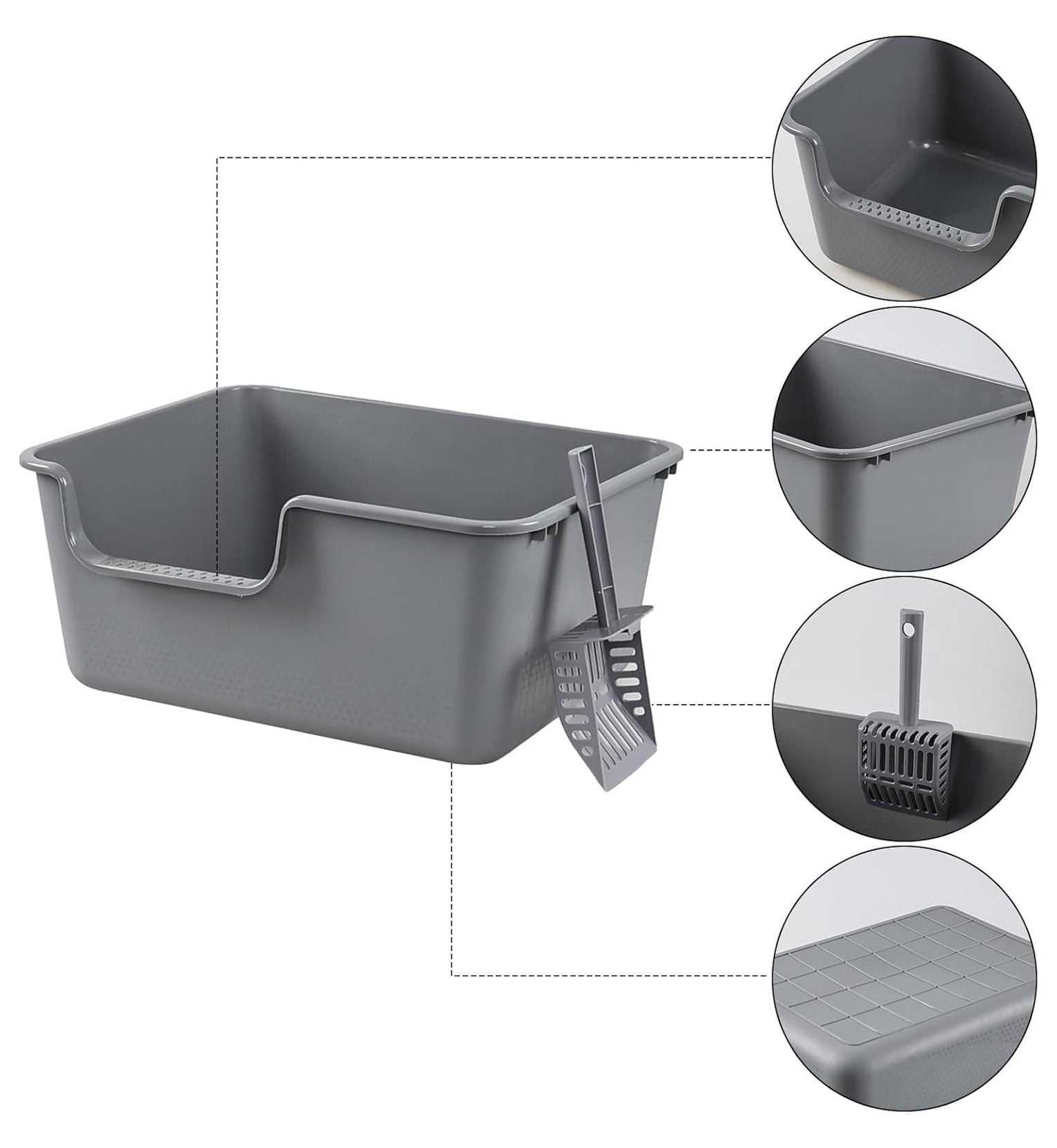 4-Pack Cat Litter Box with High Sides, Grey Open Top Litter Box