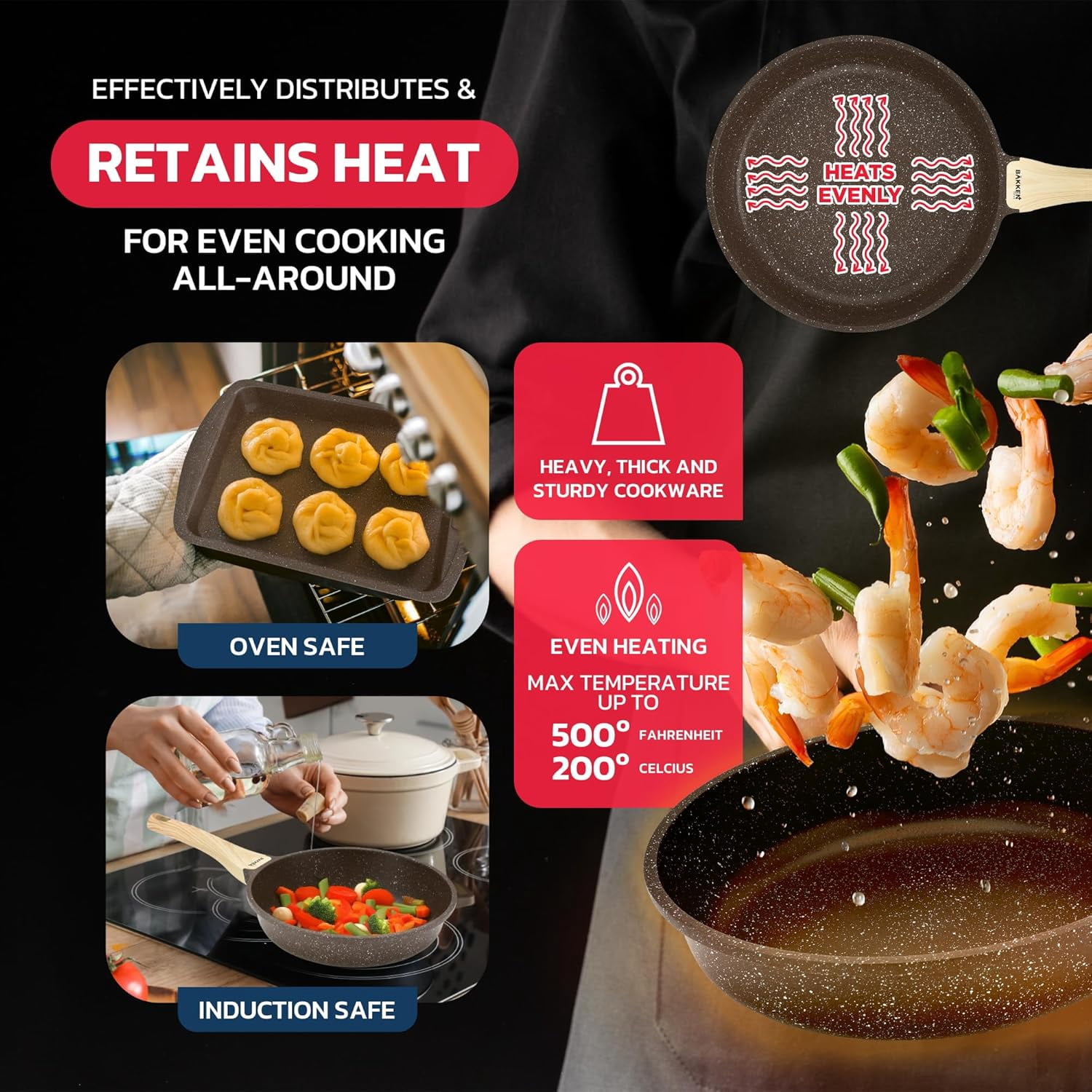 BAKKEN Cookware Set - Nonstick Granite Coating, Pots and Pans with Handle Grips and Tempered Glass Lids, Safe up to 500°F, Set of 20