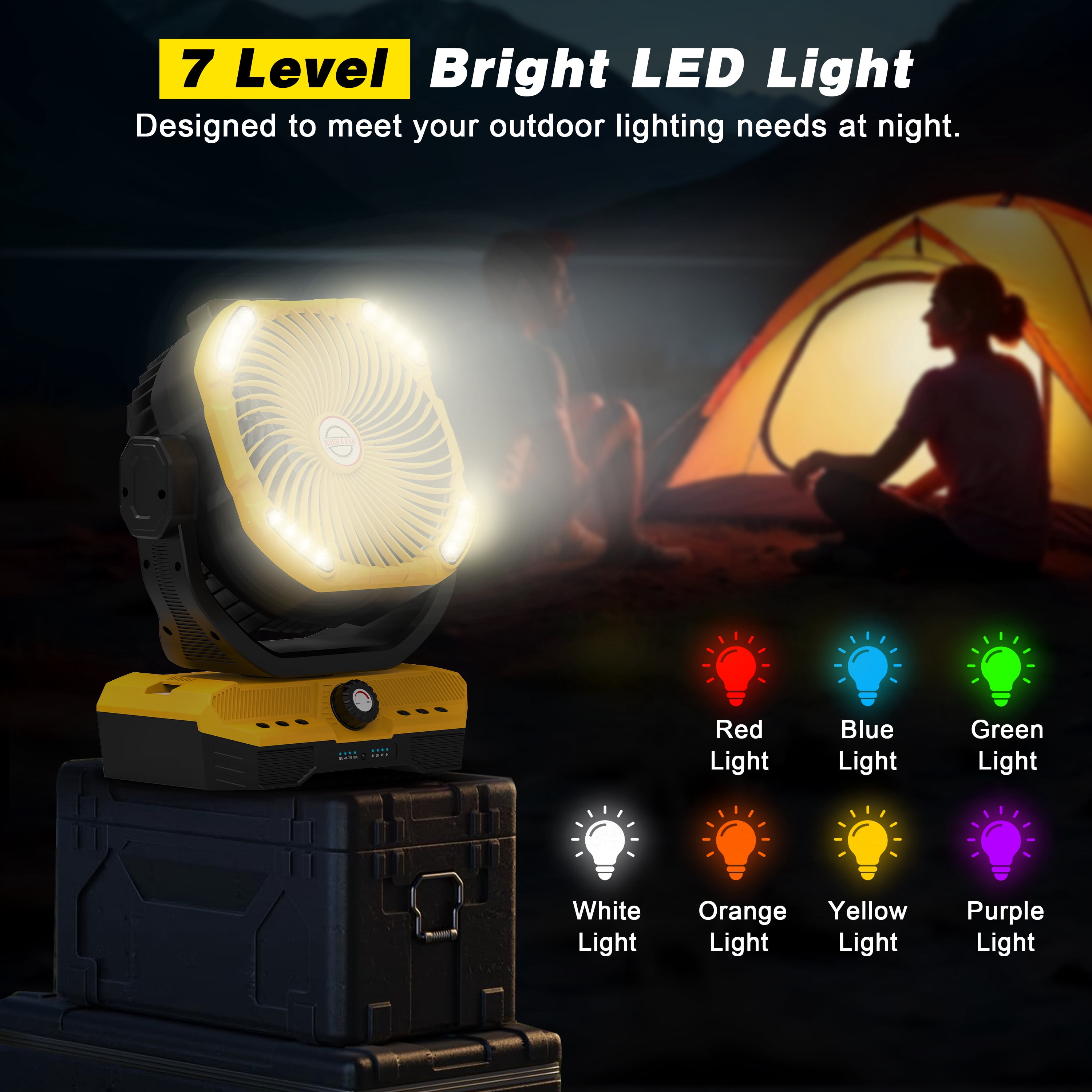 40000mAh Portable Camping Fan with LED Lantern - Rechargeable USB Battery-Powered Fan, 12V High-Power Cooling for Indoor/Outdoor, Tent, Emergency Light & Charging Station, Outdoor Activities