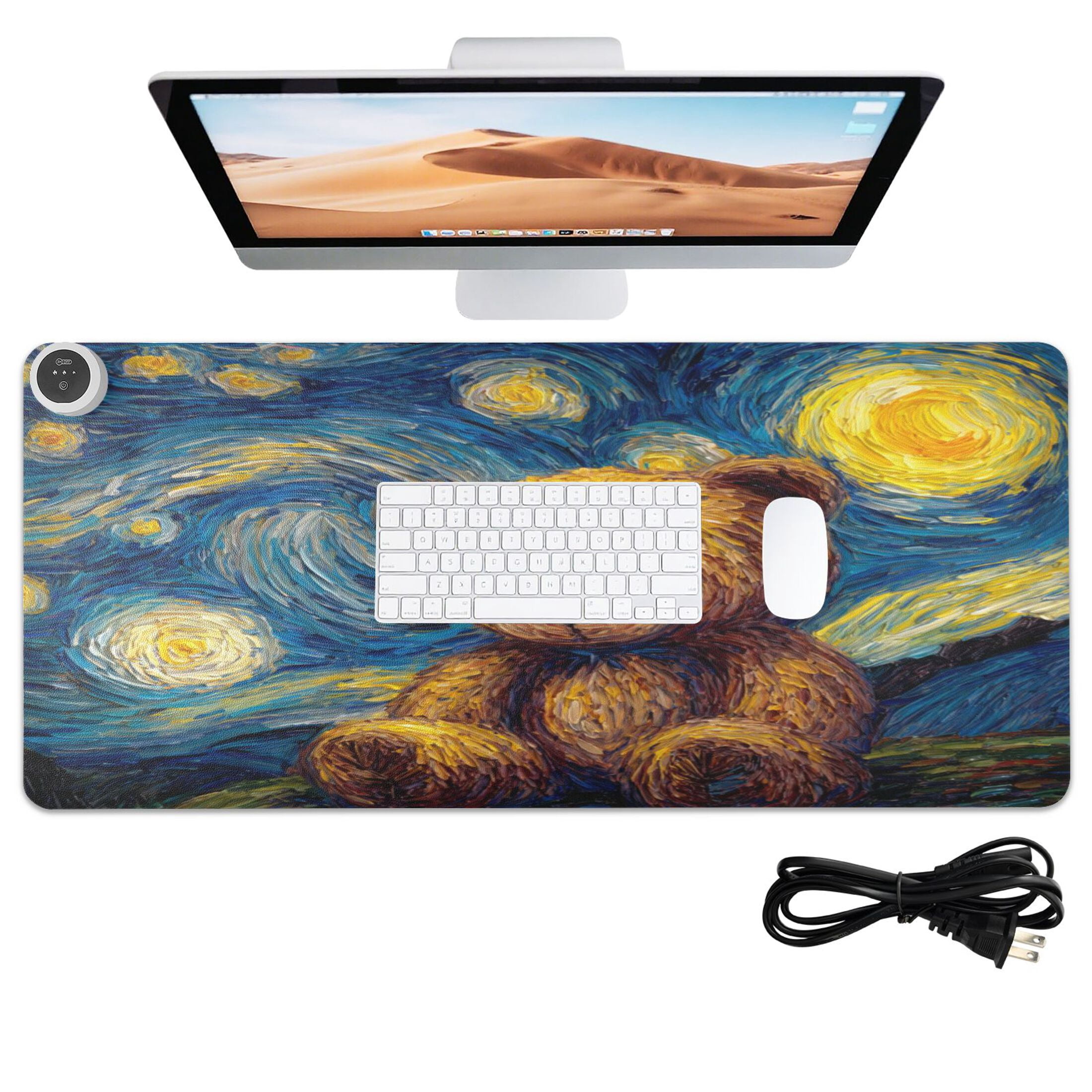 Large Heated Desk Mat Mouse Pad 31.5"x13"PU Leather Graphene Heating Desk Warmer with 3 Temperature Settings 110V US Plug Non-Slip Warm Pad for Home, Office, and Gaming Cute Bear under The Stars