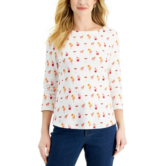 Charter Club Petite Printed 3/4 Sleeve Cotton Top Bright White Combo PXS