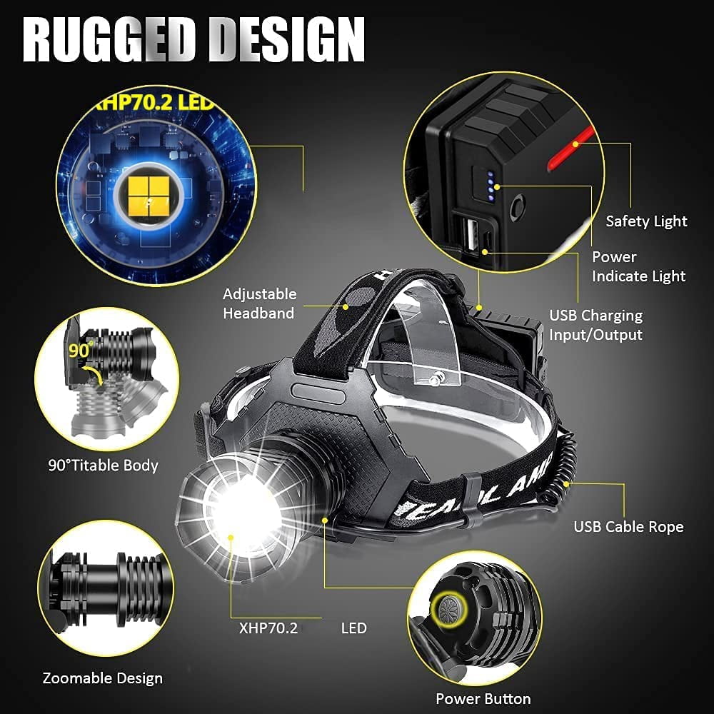 Led rechargeable headlamp 90000 high lumen, xph70 brightest LED work headlight zoomable, waterproof, 90 ° adjustable, 5 modes lightweight head lamp for adult camping, hard hat, hunting