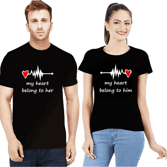 Lotusprinthandmade Couple Matching My Heart Belong To Her Black Classic Unisex T-Shirt 100% Cotton S-5XL (S)