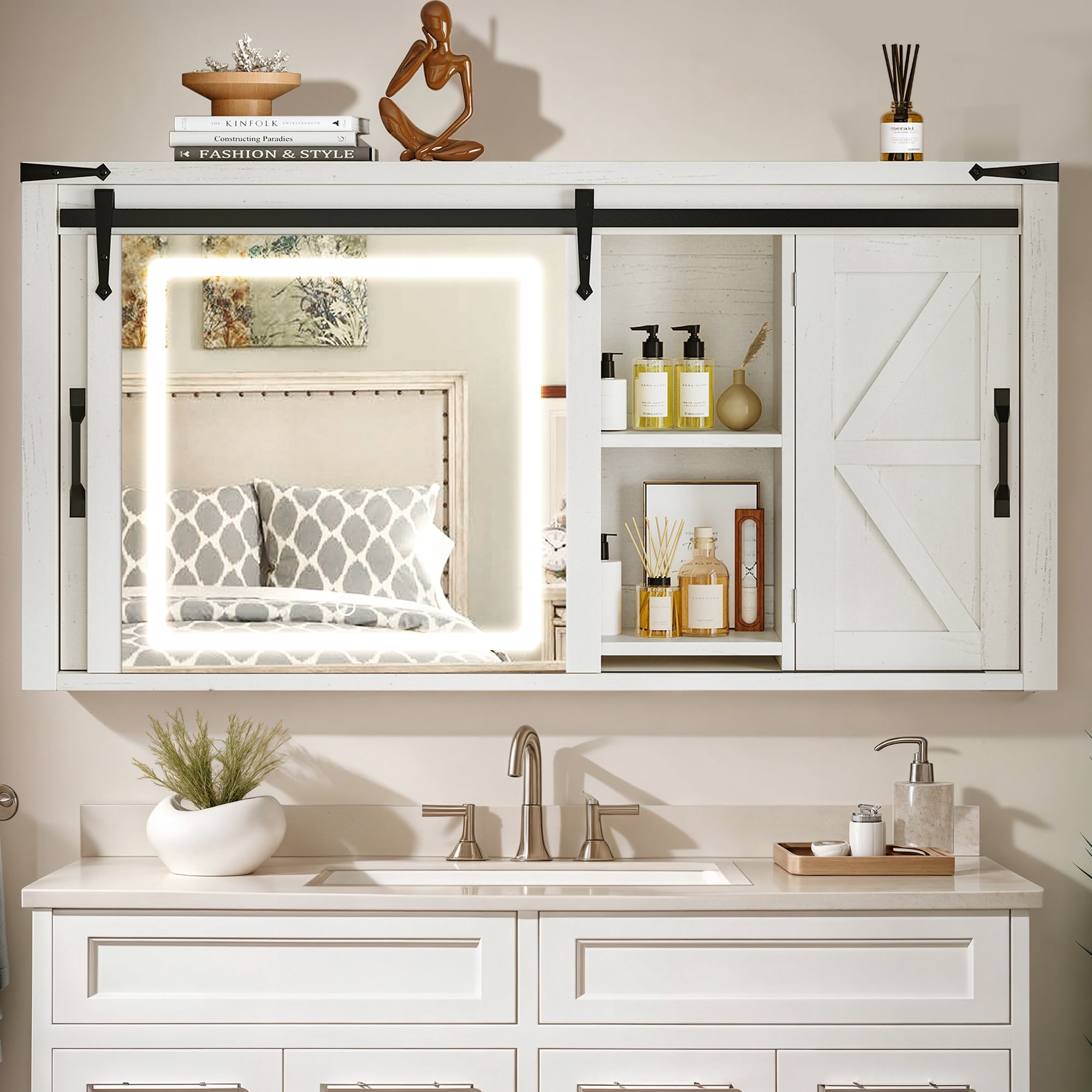 Dextrus 47" Medicine Cabinet with LED Lights Mirror, Bathroom Wall Storage Cabinet with Doors and Adjustable Shelf, White