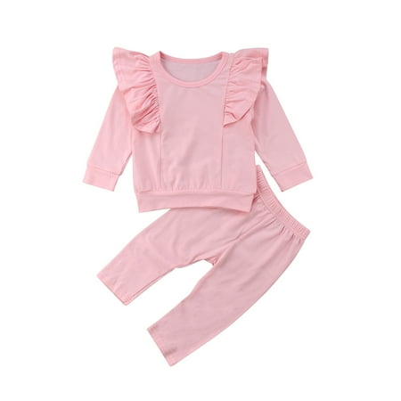 

Mxiqqpltky Baby Girl Clothes 2Pcs Casual Outfits Long Sleeve Ruffle Tops Solid Color Long Pants