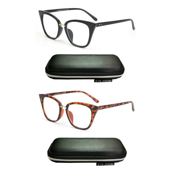 EYE ZOOM 2 Pack Ladies Cat Eye Reading Glasses for Women, Black and Tortoise Brown 3.00