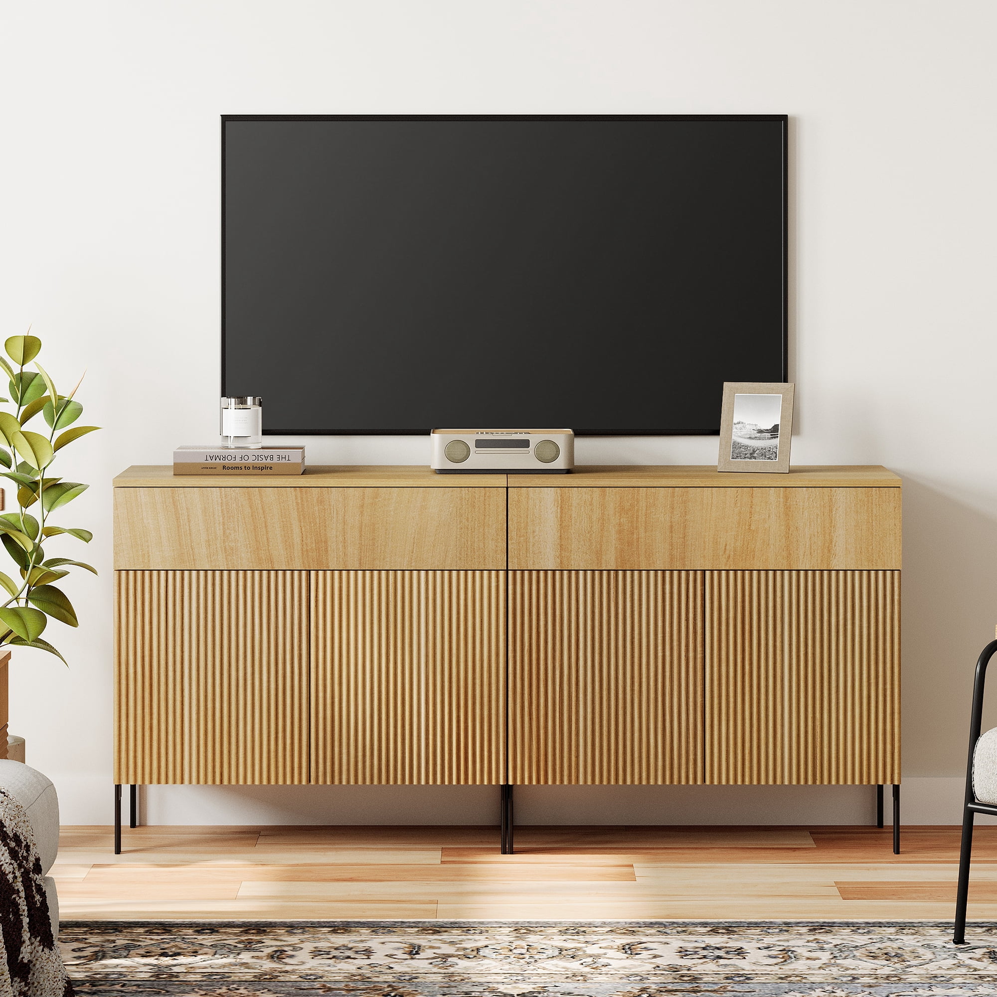 63" Reeded Accent Cabinet Set with 4 Doors and Drawers, Modern Credenza Storage Cabinet with Metal Legs for Living Room, Kitchen, Dining Room, Hallway