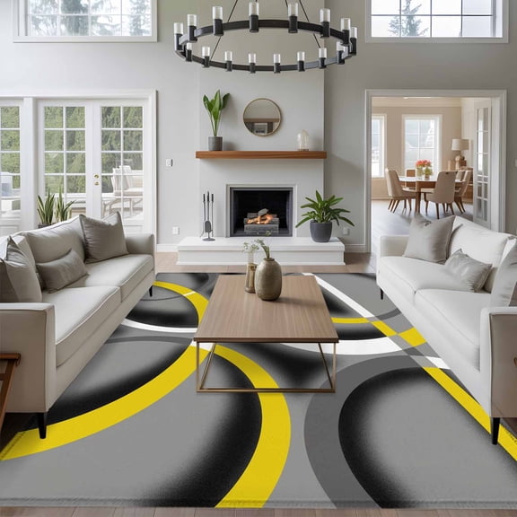 Modern Abstract Art 8x10 Area Rug for Living Room Sectional Sofa, Yellow Grey Geometric Circle Washable Non Slip Large Rectangle Area Rug