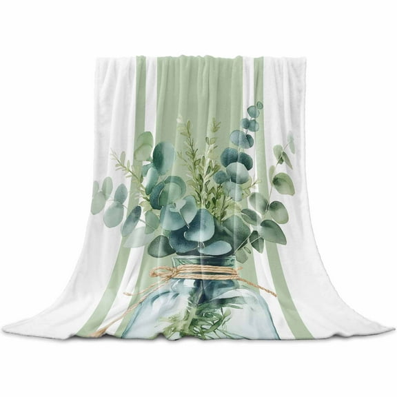 Sage Green Eucalyptus Leaves Flannel Blanket for Bed, Farmhouse Stripe Botanical Soft Cozy Warm Couch Throw Blanket, Lightweight Fluffy Plush Bedding Blankets for Sofa Decor All Season 60"x80"