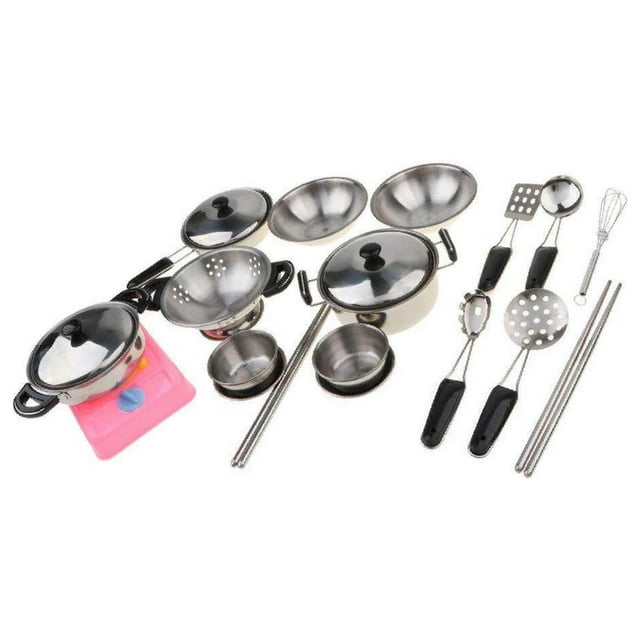 20 Pieces Stainless Steel Cookware Set Kitchen Pretend Play Tableware Playset Kids Cooking Toy