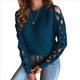 thumbnail image 3 of Suéter de Cuello Redondo con Mangas Raglán Huecas de Color Liso para Mujer, Estilo Y2K Azul M, 3 of 9