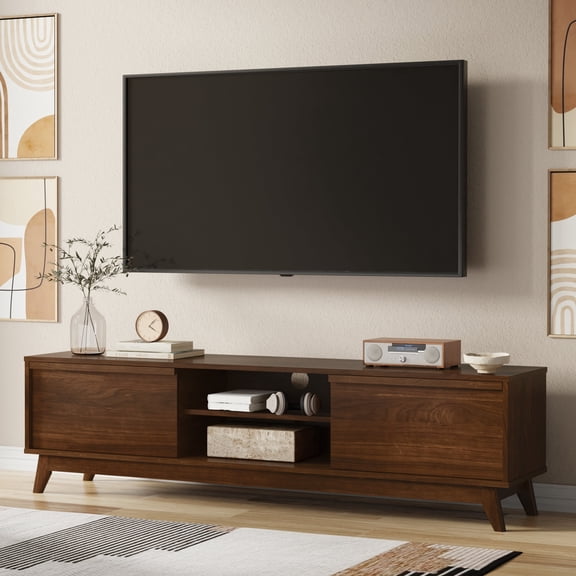 Simpli Home Lennon 72 inch Wide Solid Wood Low TV Stand in Walnut For TVs up to 80 inches