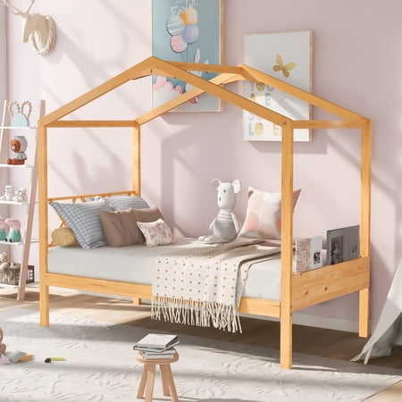 Modstyle Twin Size House Bed with Roof and Headboard for Kids  Natural