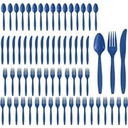 Party City Assorted Disposable Cutlery Set, 64-Piece Set (Royal Blue) - 32 Forks, 16 Knives & 16 Spoons - Go Brightly Heavy Duty Disposable Plastic Forks, Spoons & Knives - Party Supplies Cutlery