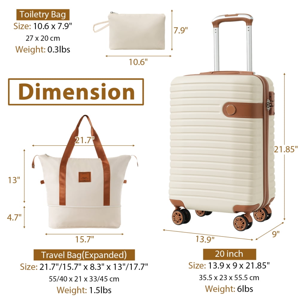 Tcbosik 3 Piece Carry On Hardside Luggage Set with TSA Lock and Spinner Wheels (20 inch, Cream)