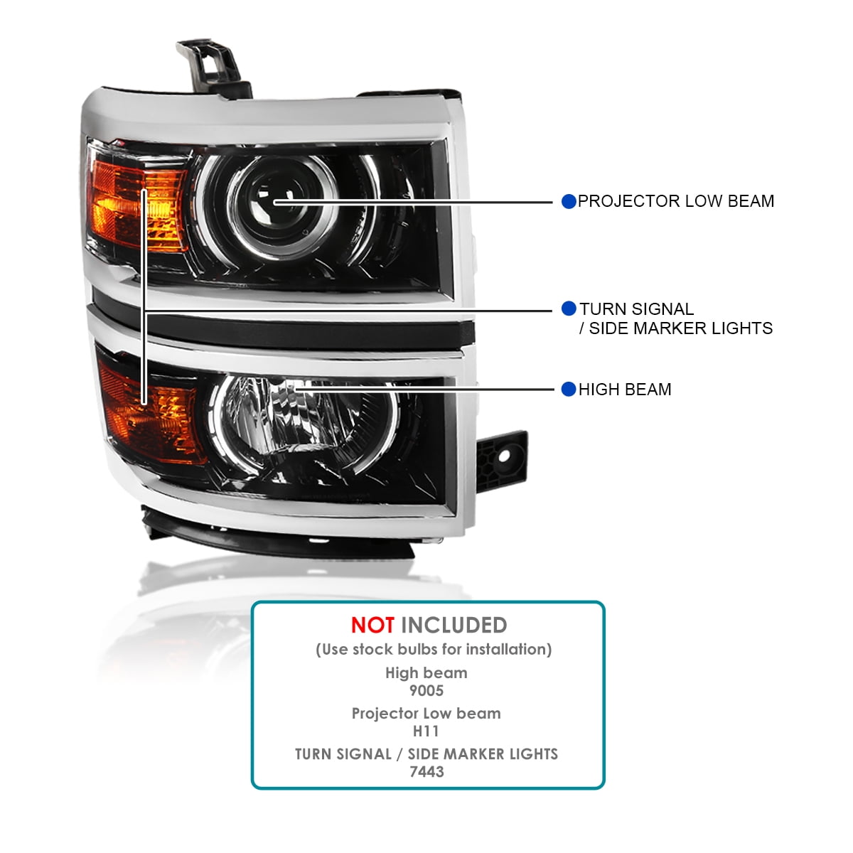 Spec-D Tuning Jet Black Projector Headlights w/ Silver Trim Compatible with 2014-2015 Chevy Silverado 1500, Left + Right Pair Headlamps Assembly