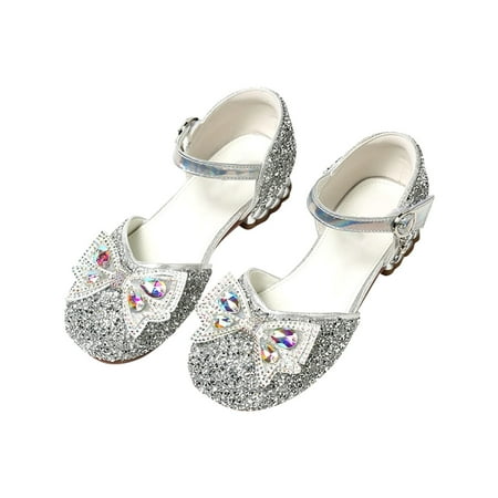 

QIANGONG Toddler Shoes Kids Bow Girls Shoes Princess Shoes Little Girl Soft Bottoming High Heels Children S Princess Shoes (Color: Silver Size: 34 )