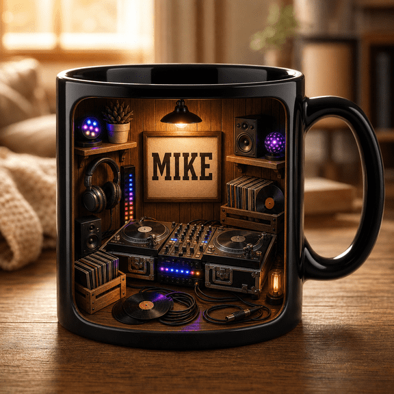 DJ Dad Custom Mug Personalized Accent Mug with Turntable Headphones Gift