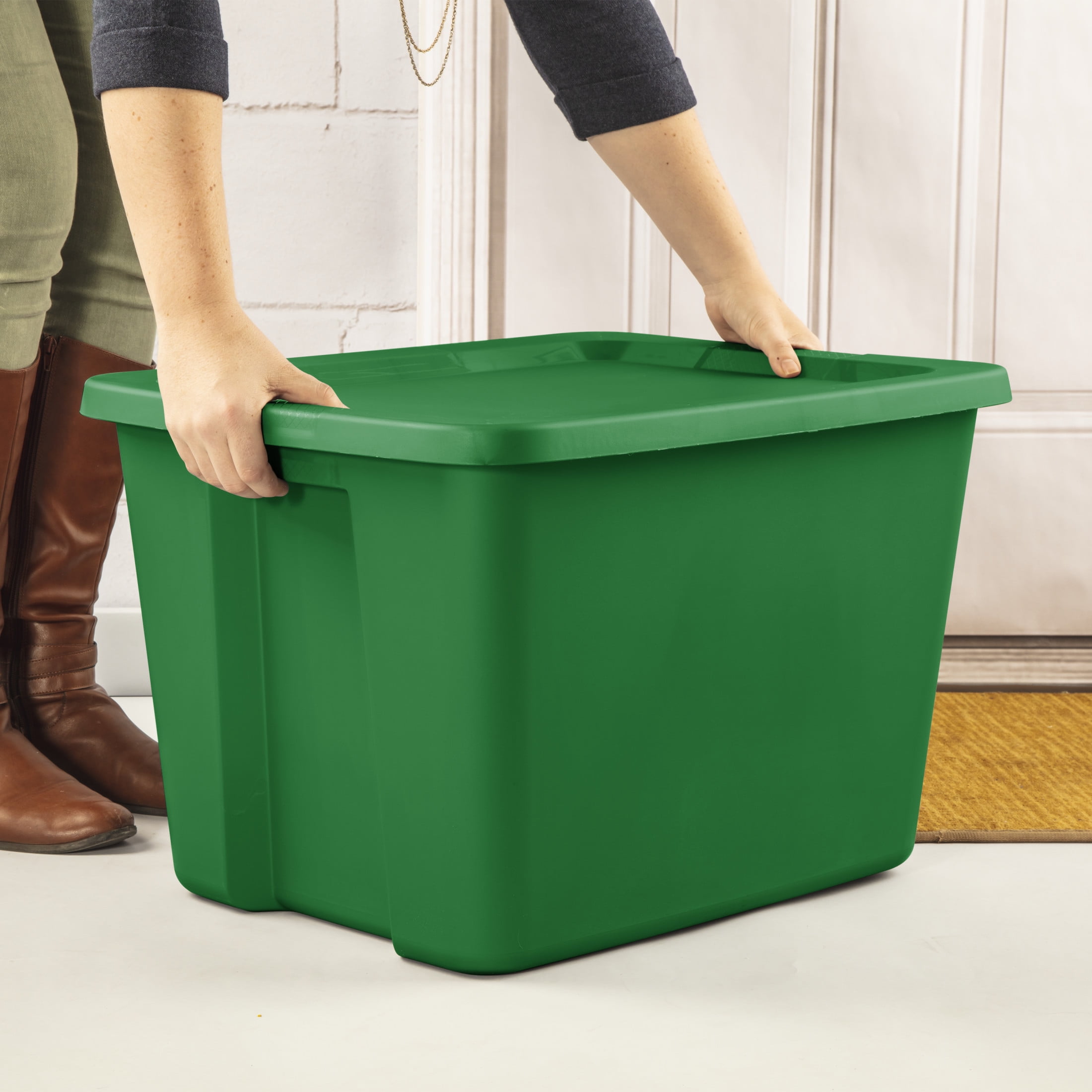 Sterilite 18 Gallon Tote, Plastic Christmas Storage Bin with Snap-on Lid, Ideal for Holiday Linens, Décor, Keepsakes and More, Green