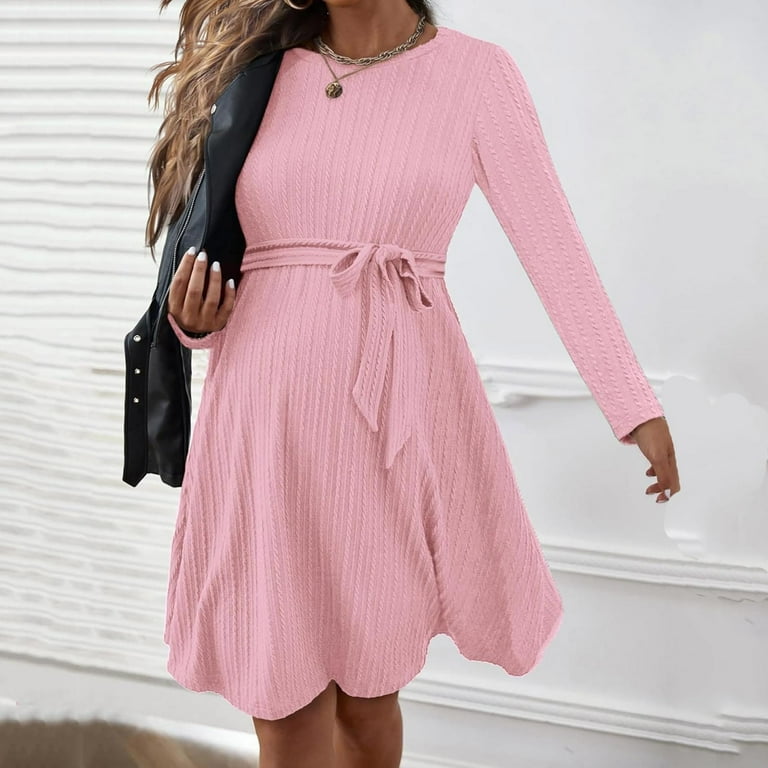 Women Long Sleeve Maternity Dress Ribbed Knit Pregnancy Midi Dresses Ruch  Side Stretchy Pregnancy Clothes S-XXL Pink L - Walmart.com