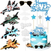 Deekin 24 Pack PresNok Aircraft Happy Birthday Cake Decoration Air Force Cake Topper Airplane Figurine Mini Sunglasses Blue Insert Signs Cloud Decorations for Happy Birthday Party Decor Supplies
