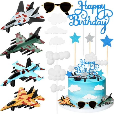 Deekin 24 Pack PresNok Aircraft Happy Birthday Cake Decoration Air Force Cake Topper Airplane Figurine Mini Sunglasses Blue Insert Signs Cloud Decorations for Happy Birthday Party Decor Supplies