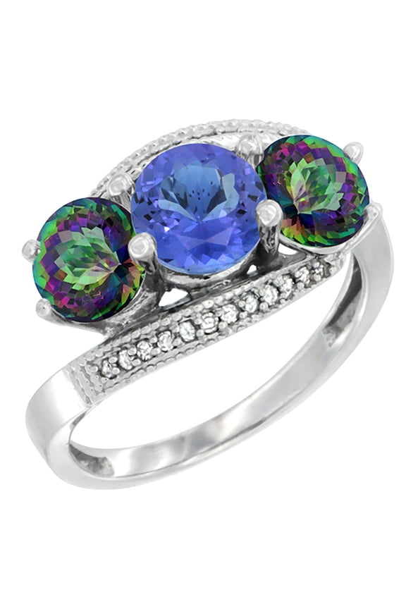 14K White Gold Natural Tanzanite & Mystic Topaz Sides 3 stone Ring Round 6mm Diamond Accent, size 7