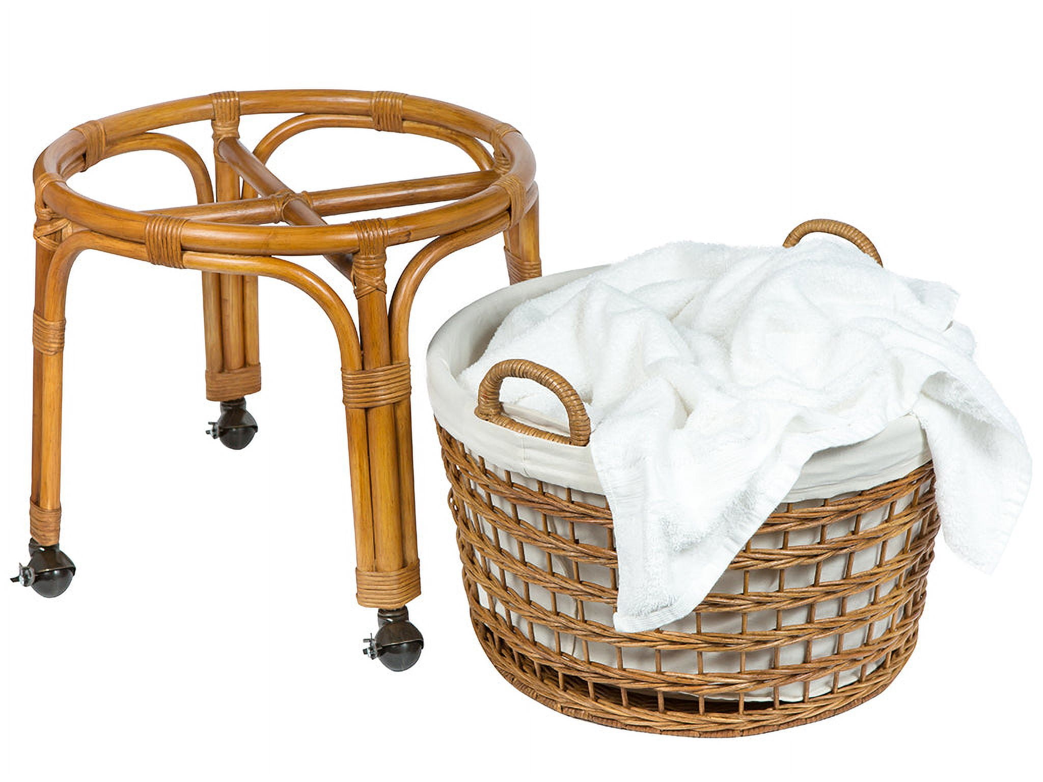 Kouboo Rolling Wicker Laundry Basket, Handwoven Wicker Hamper with Removable Cotton Liner, Stand, & Locking Caster Wheels, Honey Brown