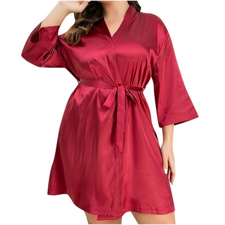 HAPIMO Lingerie Silk Robe Bathrobe Lightweight Cardigan Pajamas for Women Holiday Half Sleeve Waistband Comfy Relaxed Sleepewear Lace Teen Girls Satin Trendy Red XXXL