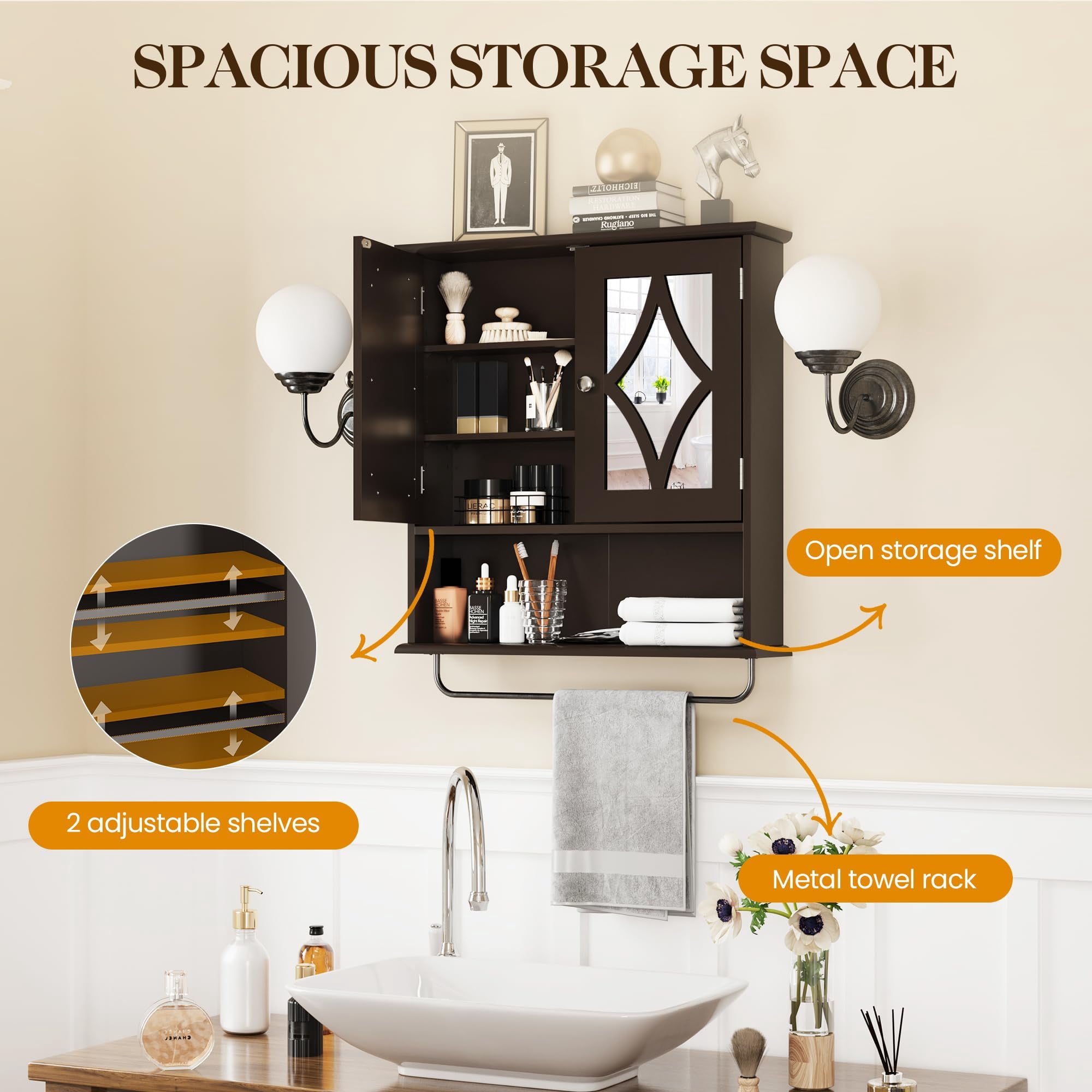 RoyalCraft Bathroom Medicine Cabinet with Mirror, Vanity Wall Mounted Storage Cabinet with Adjustable Shelves and Towel Bar, Hanging Wall Cabinet for Bathroom, Laundry, Living Room, Brown