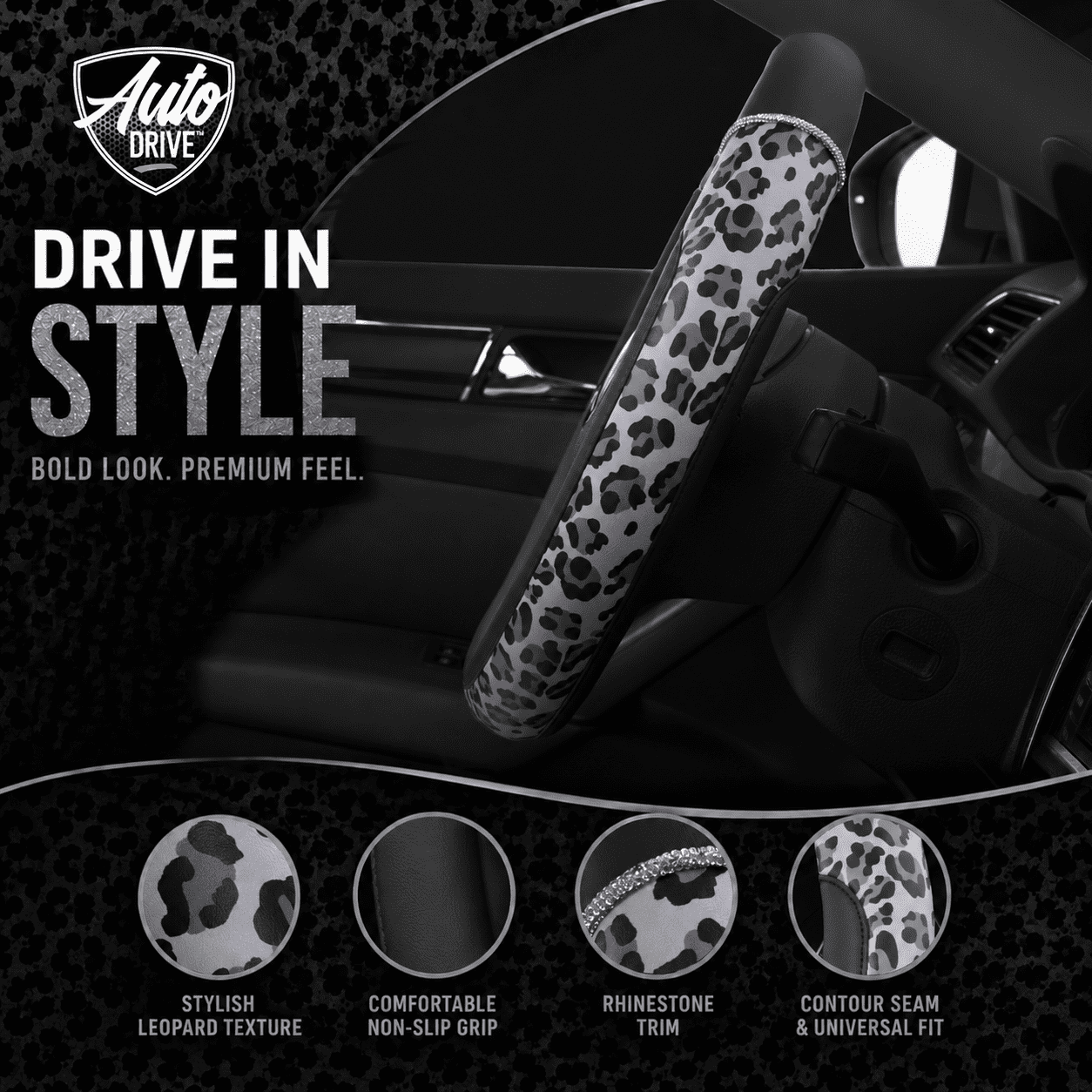 Auto Drive Steering Wheel Cover, Pink Leopard Print with Rhinestone Accents Steering Wheel Cover, Fashion Steering Wheel Cover,Non-Slip Grip, Universal Fit for Cars, SUVs & Truck,Gray