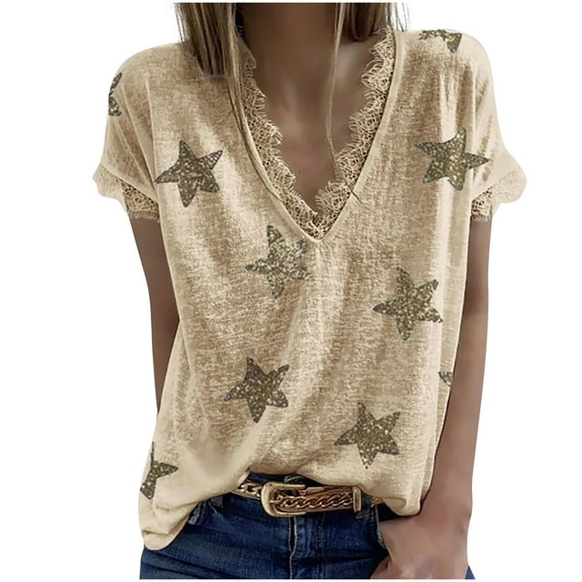Birdeem Mode Femmes Été Col en V Imprimé Dentelle Patchwork Manches Courtes Haut Blouse Aguichant