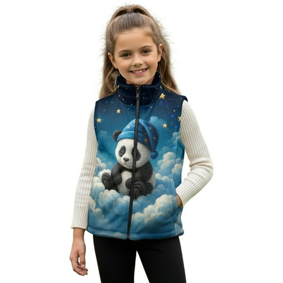Xoenoiee Panda Star Cloud Print Kids Warm Winter Vest, Sleeveless Polar Fleece Jacket with Zipper, Stand Collar Outerwear with Pockets for Toddler Girls, 2T