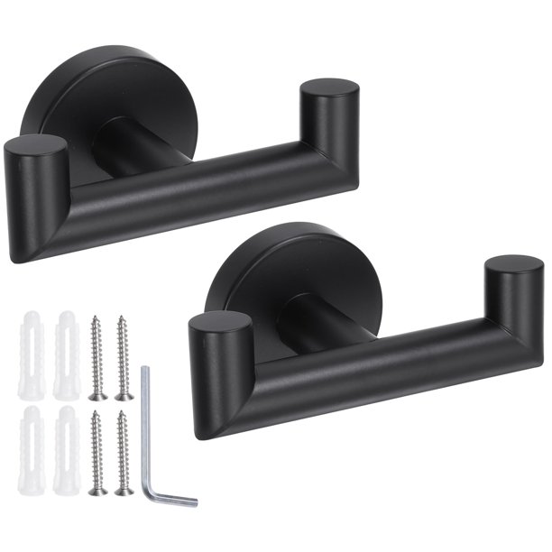 Gancho de toalla doble de 2 piezas, gancho de abrigo de acero inoxidable, ganchos de albornoces montados en la pared, colgador de toallas de mano negro