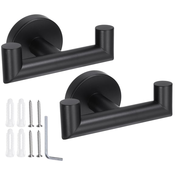 2pcs Double Towel Hook, Stainless Steel Coat Hook, Wall Mount Robe Hooks Hand Towel Hanger Black