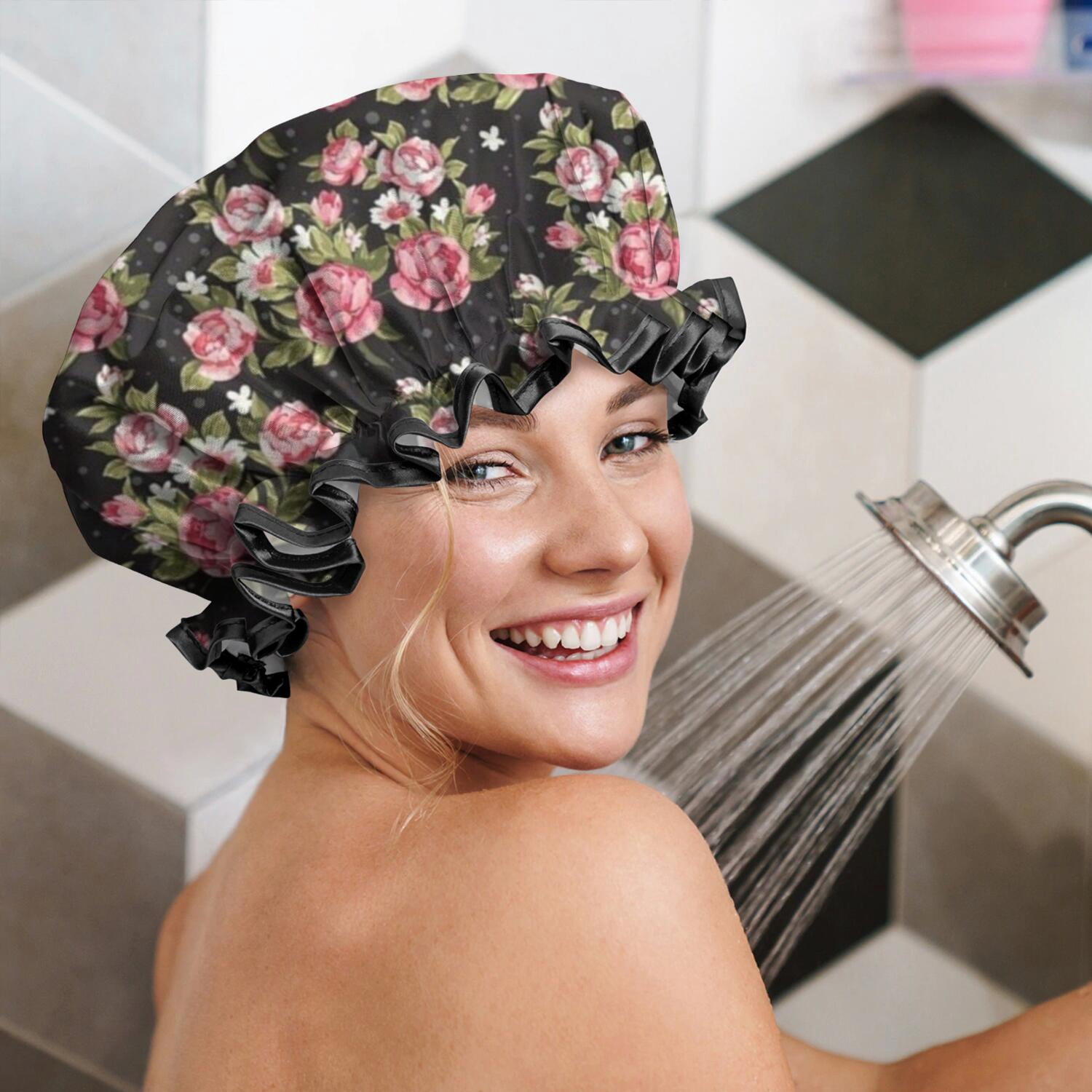 Shower Caps,Pioneer Flower Floral Print Pattern Waterproof Shower Cap for Women 4 Pieces,Double Reusable Hair Cover for Shower PEVA Elastic Stretch Hem