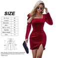 thumbnail image 2 of Femmes Cou Carré Manches Longues Froissée Bodycon Mini-Robe Club Cocktail Robes Courtes Velours une Ligne Parti Mini-Robe, 2 of 6