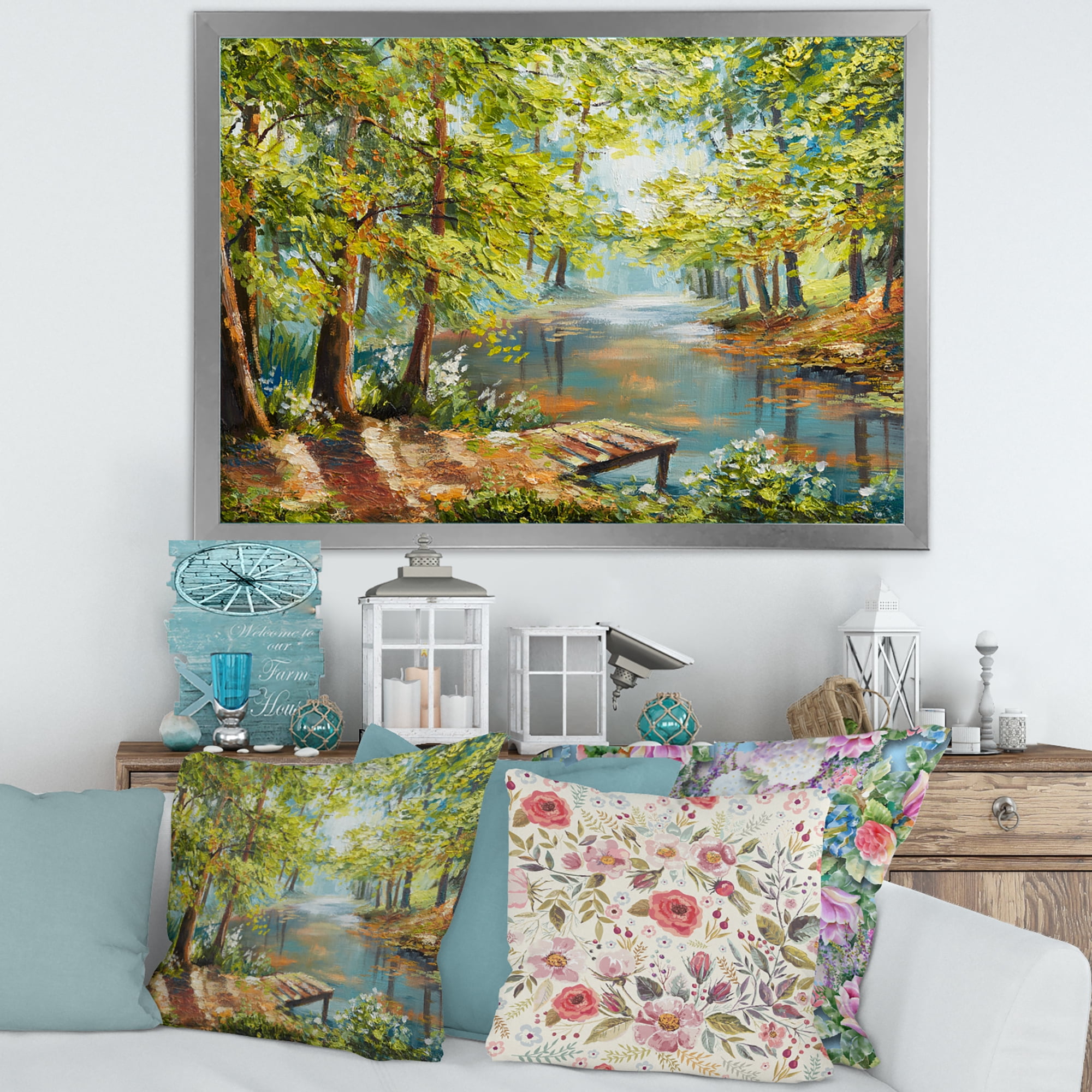 Meandering River With Autumn Forest 32 in x 24 in Framed Painting Canvas Art Print, by Designart