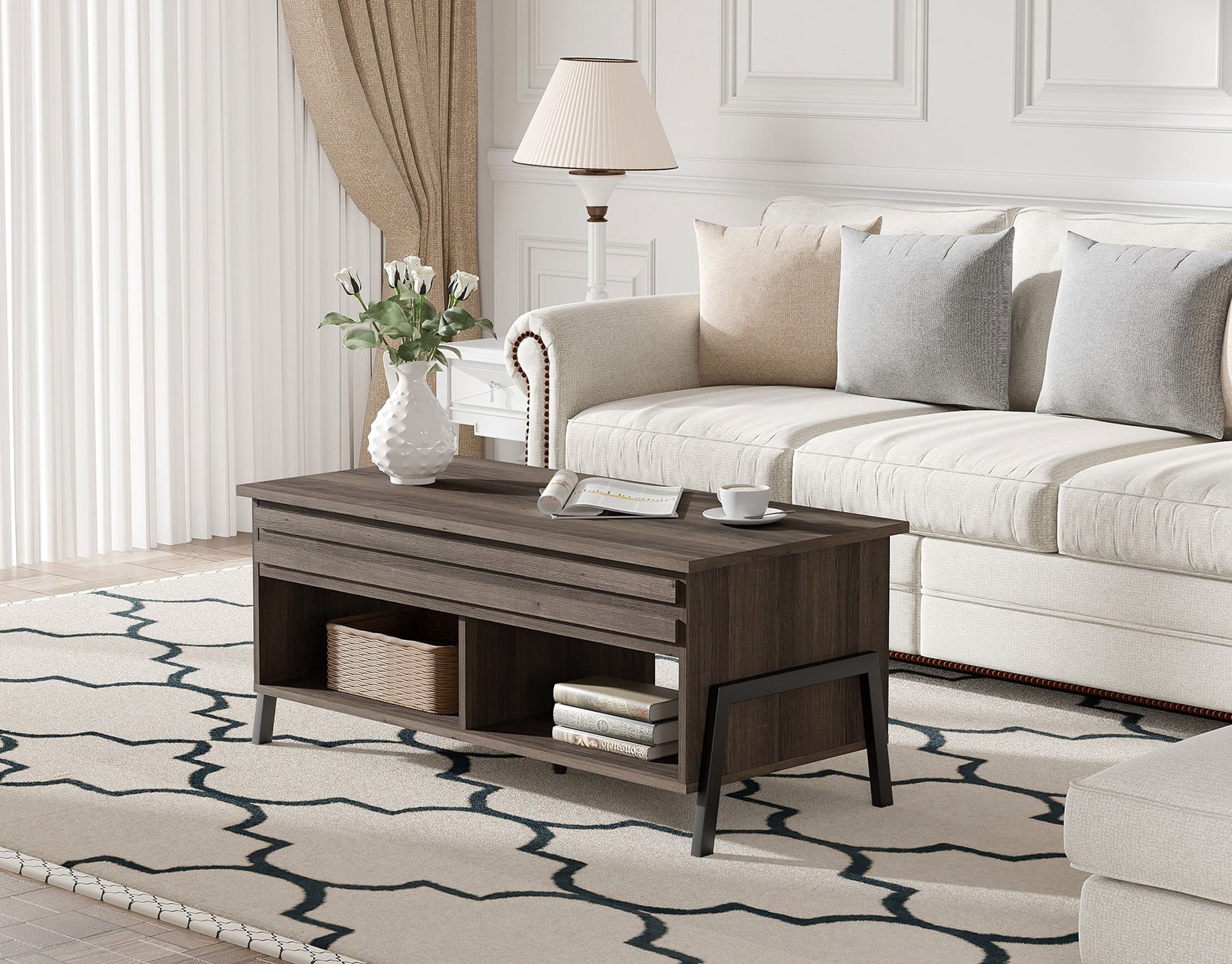 Wampat Mid-Century Modern Wood Rectangle 42" Lift Top Coffee Table, Brown