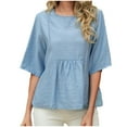 thumbnail image 2 of UPPADA Blouses en Coton et Lin pour Femmes de Moins de 10 Décontractées à Manches 3/4 Col Ras du Cou Chemises d'Été de Plage par-Dessus Fluides Mignonnes Tuniques Hauts Chauve-Souris Couleur Unie Coupe Ample Hauts Bleu,TTTG, 2 of 9