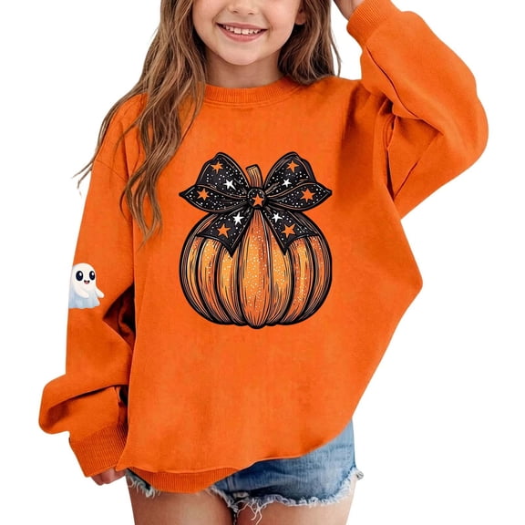 Wilark Girls Halloween Sweatshirts Size 2-12, Fall Winter Long Sleeve Crew Neck Fleece Warm Kids Festival Tops Orange