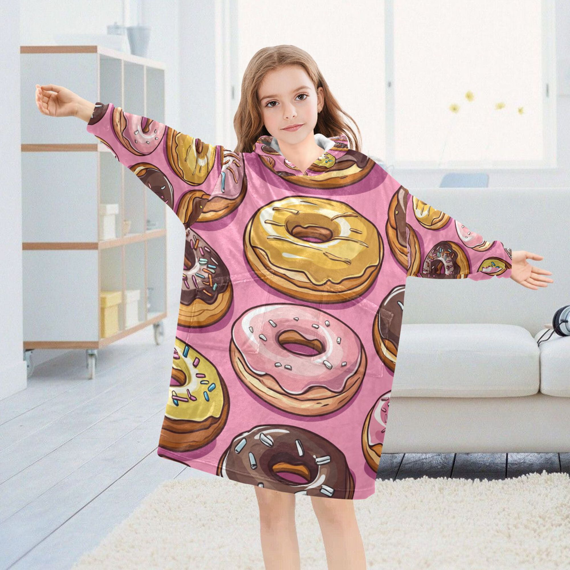 FORMRS Wearable Blanket Hoodie with Sleeves for Kids Cozy Flannel Sweatshirt, Cute Doughnuts Pattern