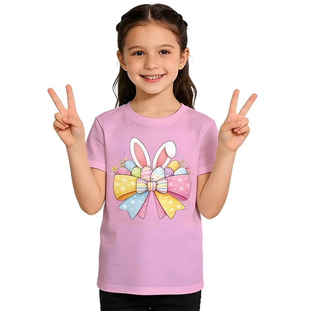 AWZXDE Hauts pour Filles à Manches Courtes T-Shirt Graphique pour Enfants Jeu Décontracté Thème de Pâques Imprimé Col Rond 1-13 Ans