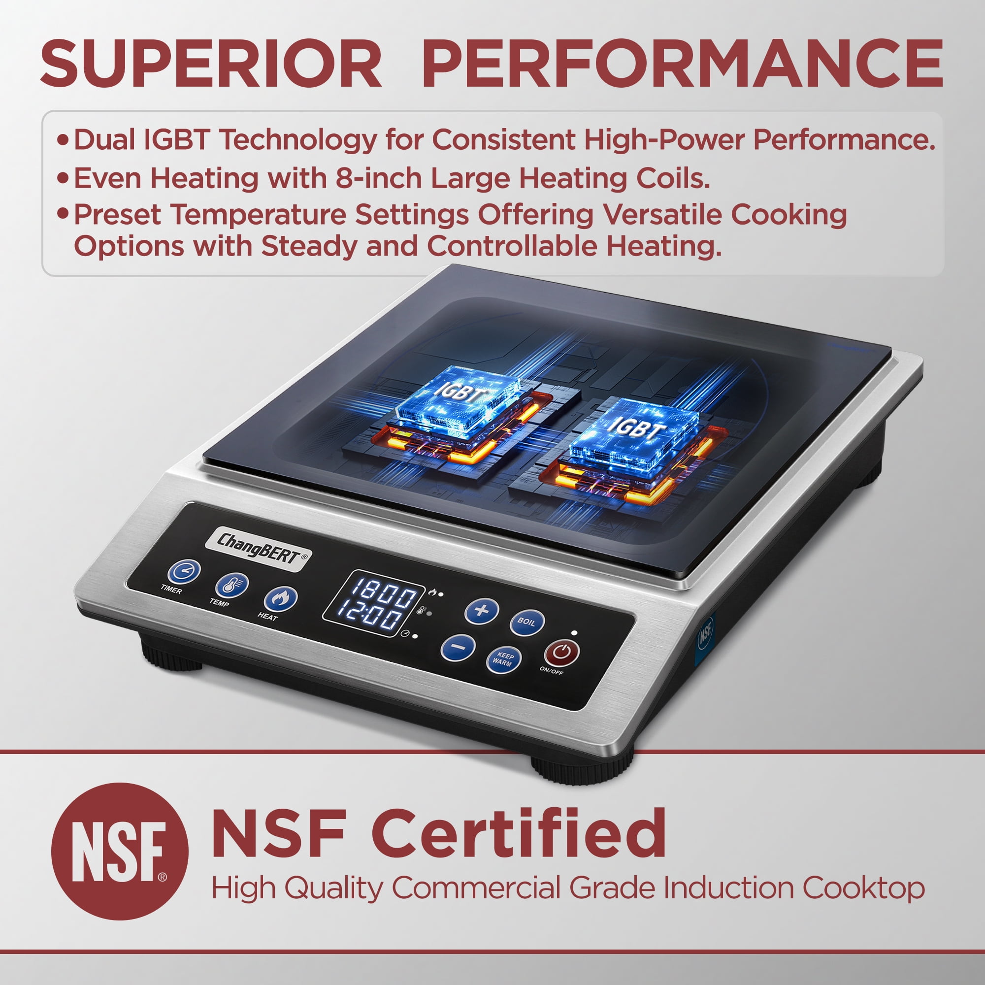 ChangBERT Portable Induction Cooktop Enhanced Version, One-Click Max Power 1800W Large Heating Coil Burner, Precise Temperature Control, NSF Certified Commercial Grade Low Noise Hot Plate