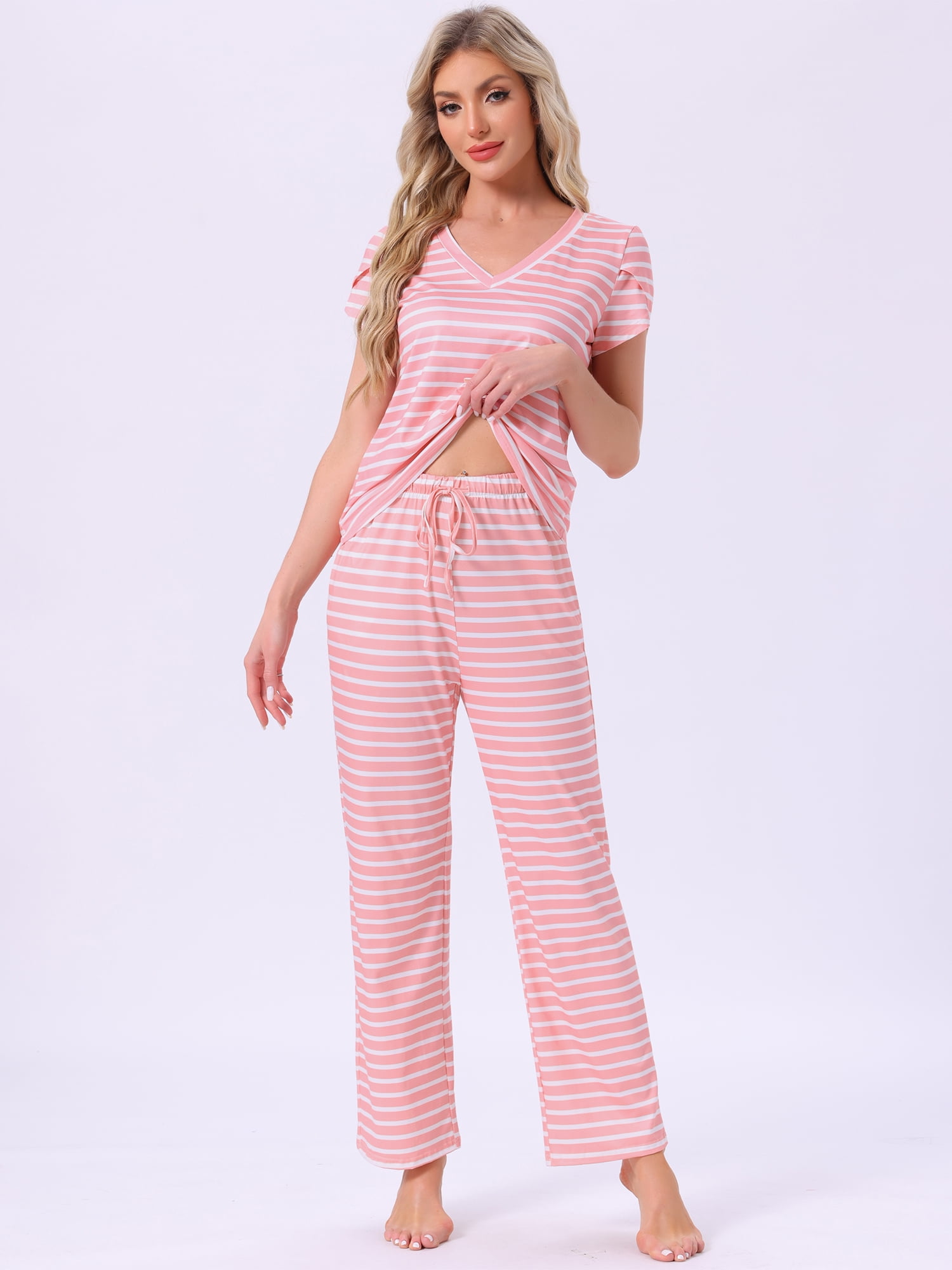 DARING DIVA Pajamas V Neck Top Drawstring Pants Sleepwear Lounge Sets L Pink Striped