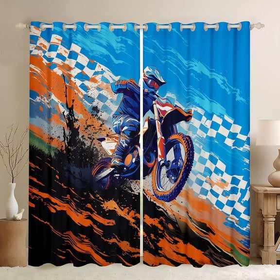 Castle Fairy Motocross Style Dirt Bike Black Out Curtains for Boys, Checkered Flag Art Curtains Pack of 2 (42x63 Each) for Bedroom, Orange Blue