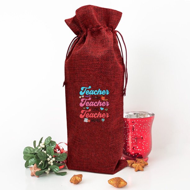 Bolsa De Impresión Para Profesores Beige Rojo Negro Arpillera Bolsas De Vino De Navidad Para El Día Del Maestro Regalo De Cumpleaños