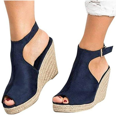 

FAFWYP Women Fashion Summer Solid Ladies Comfy Wedge Sandals Slope Heel Casual Beach Shoes with Open Toe Adjustable Ankle Strappy Sandals