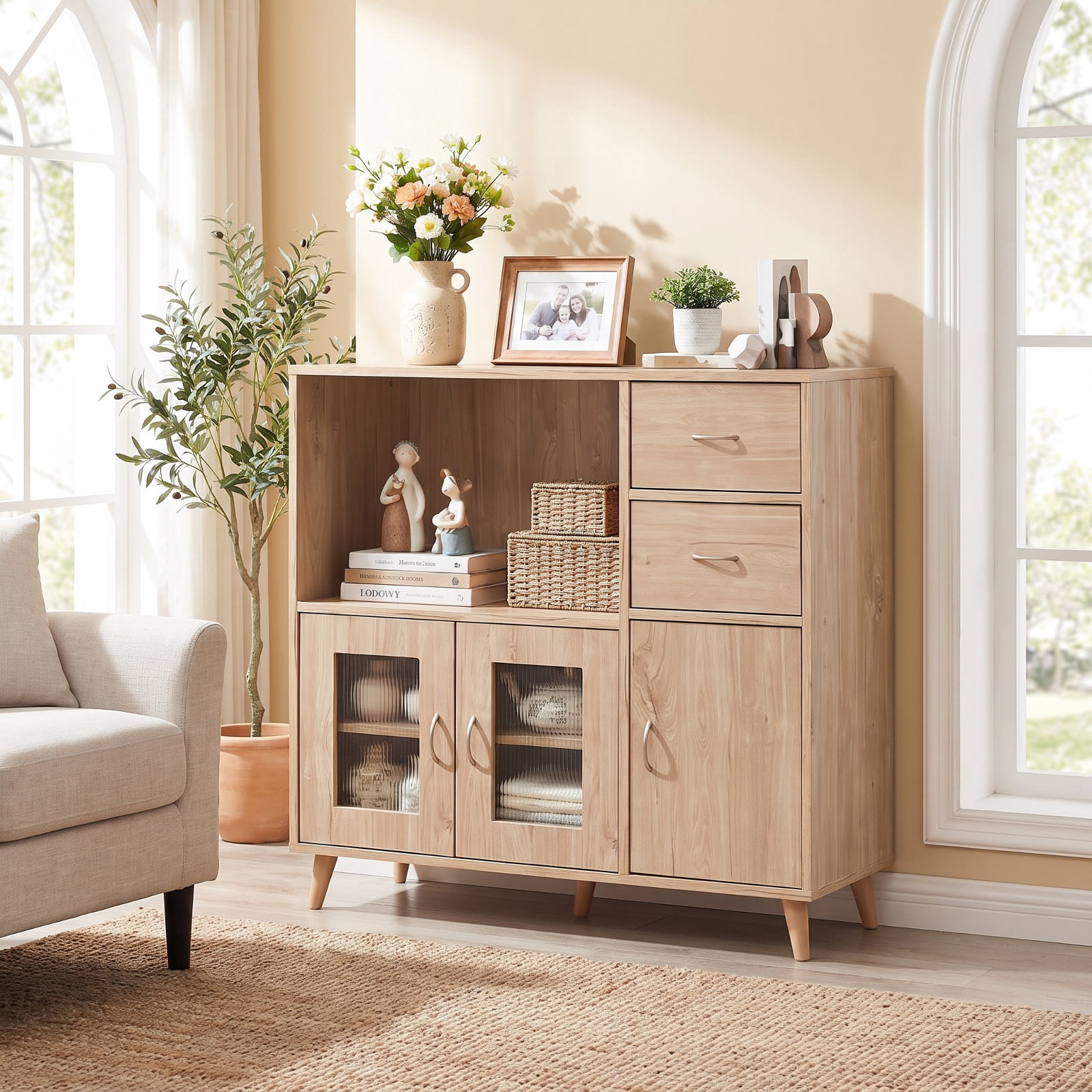 Furnibear 36 Inch Sideboard Buffet Cabinet with Open Compartment for Kitchen Dining Living Room Buffet Storage Server, Natural