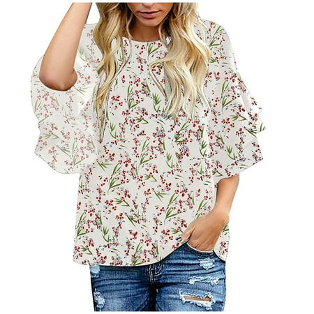 

summer tops for women Women Casual O-Neck Printing Flared Sleeves Tops Fold Blouse T-shirt Short Sleeve Chiffon shirts Corset Tops for Women Red XXL